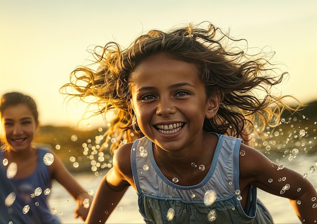 Piccola ragazza che si diverte sulla spiaggia al tramonto Felici bambini che si divertono nelle vacanze estive