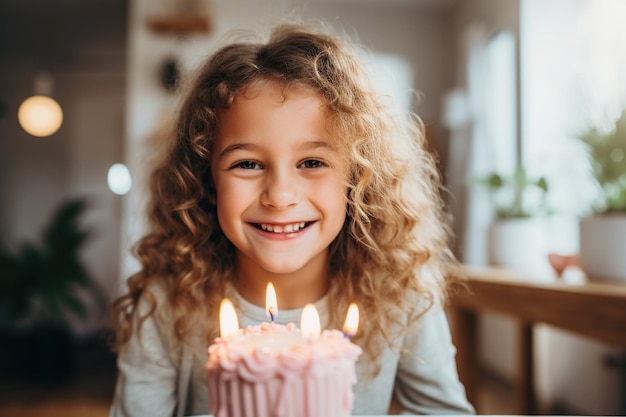 Piccola ragazza che spegne le candele sulla sua torta di compleanno