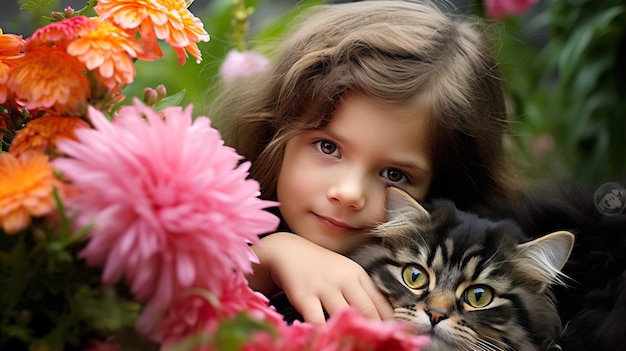 Piccola ragazza che tiene un gatto in un giardino di fiori da vicino Generare AI