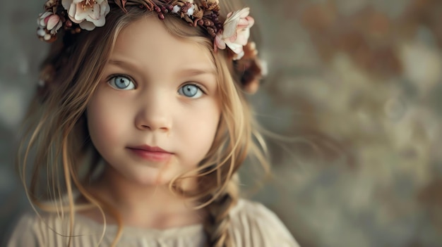 Piccola ragazza con i capelli biondi e gli occhi blu che indossa una corona di fiori sta guardando la telecamera con un'espressione seria