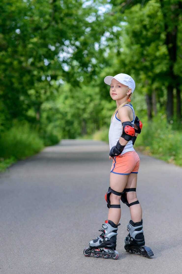 Piccola ragazza con i pattini a rotelle in un parco