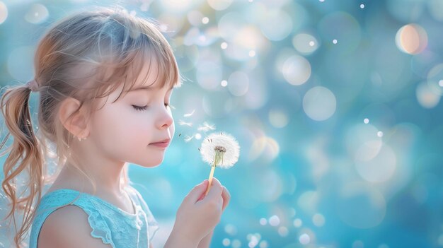 Piccola ragazza con il fiore di dente di leone si sente libera natura prato luce solare