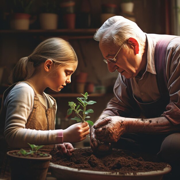 Piccola ragazza con il nonno anziano nel giardino del cortile giardino giardino nonno giardino e teachi