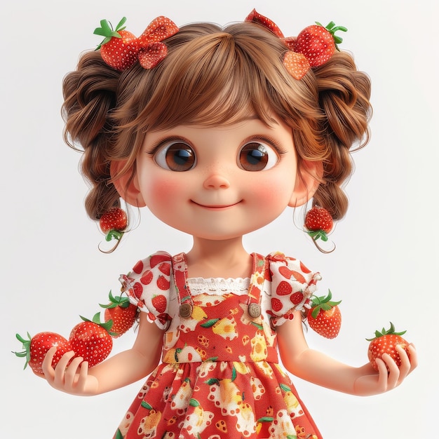 Piccola ragazza con il vestito rosso che tiene due fragole