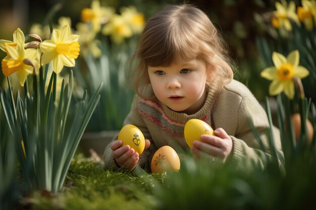 Piccola ragazza con le uova di Pasqua tra i narcisi gialli