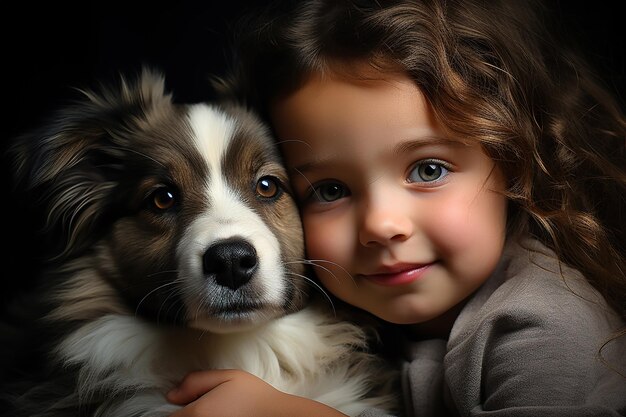 Piccola ragazza con un cucciolo di border collie su uno sfondo nero