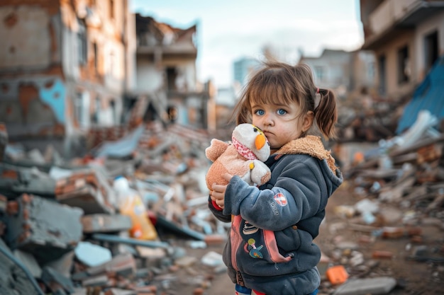 Piccola ragazza con un giocattolo sullo sfondo di una città distrutta Figli della guerra fermate la guerra, fermate la violenza