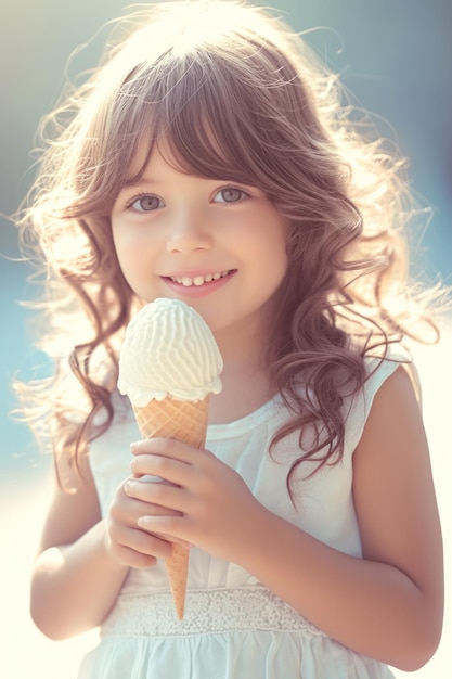 Piccola ragazza con un vestito che sorride e tiene il gelato in un cono di waffle orientamento verticale