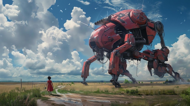 Piccola ragazza con un vestito rosso che cammina attraverso un campo di grano verso un gigante robot arrugginito