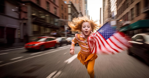 Piccola ragazza con una jetpack dipinta con la bandiera americana che vola per New York per festeggiare il 4 luglio o il giorno dell'indipendenza.