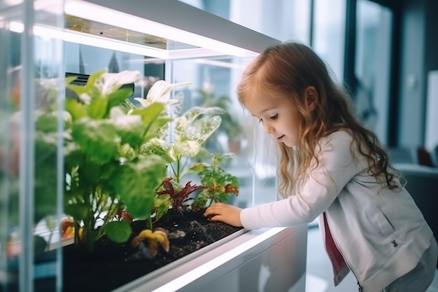 Piccola ragazza dai capelli lunghi guarda con interesse una piccola pianta piantine che cresce in vetro ecosistema artificiale luce diurna