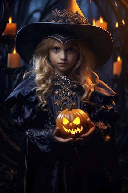 Piccola ragazza di Halloween in abito di stregone malvagio con zucca spaventosa in un buio e misterioso