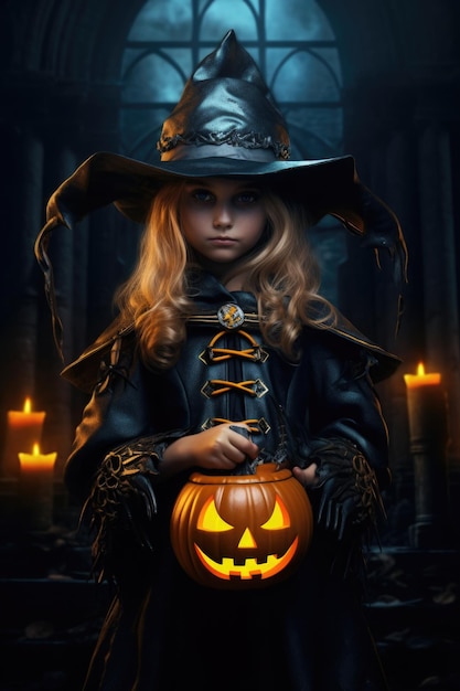 Piccola ragazza di Halloween in abito di stregone malvagio con zucca spaventosa in un buio e misterioso