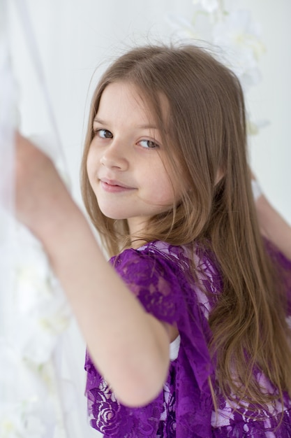 Piccola ragazza dolce dei capelli scuri in vestito viola in studio