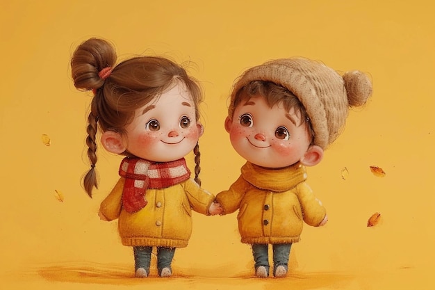 Piccola ragazza e ragazzo felici che si tengono per mano su uno sfondo giallo in stile cartone animato per bambini