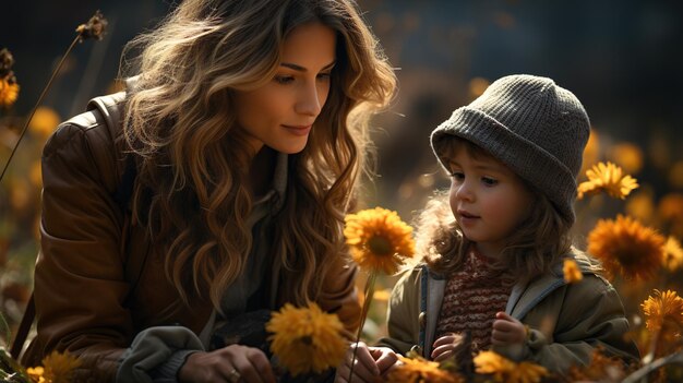 Piccola ragazza e sua madre giocano nel parco d'autunno con il bambino sulla schiena