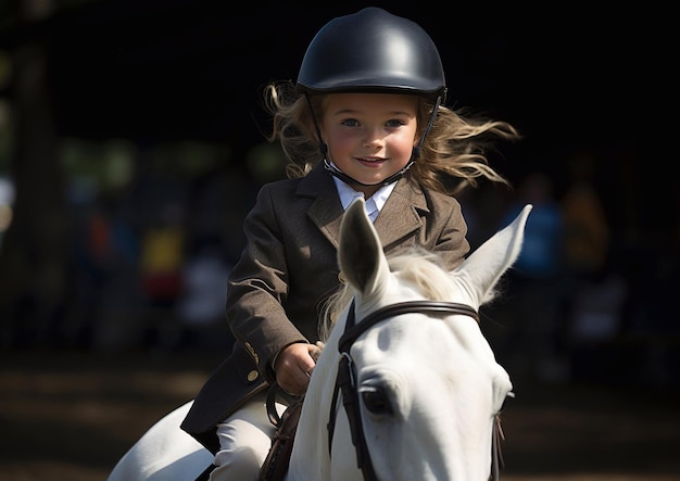 Piccola ragazza felice che cavalca un cavallo durante l'addestramento equestre in una grande arenaAI Generative