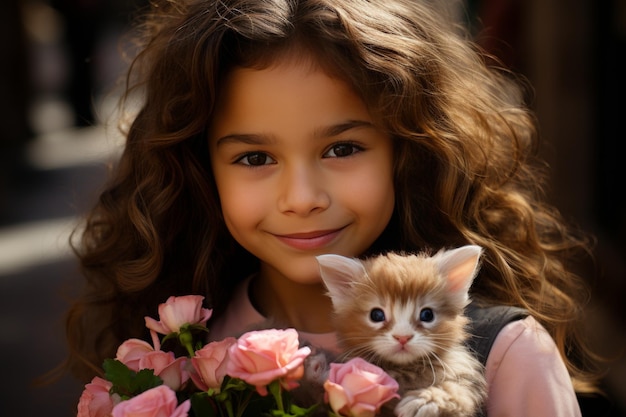 Piccola ragazza felice con gattino e fiori rosa ritratto a vista anteriore