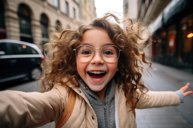 Piccola ragazza felice con gli occhiali che si fa un selfie con lo smartphone in città