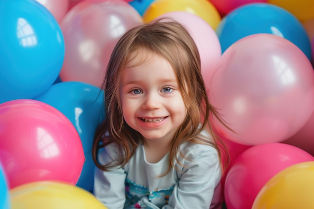 Piccola ragazza felice con i palloncini AI generativa