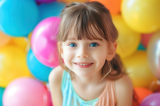 Piccola ragazza felice con i palloncini AI generativa