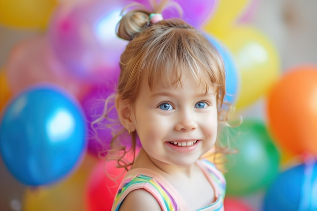 Piccola ragazza felice con i palloncini AI generativa