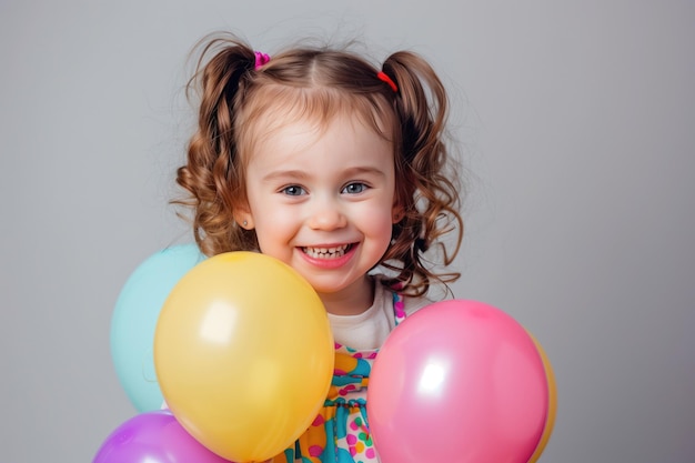 Piccola ragazza felice con i palloncini AI generativa