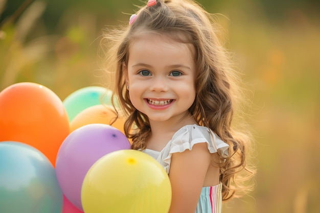 Piccola ragazza felice con i palloncini AI generativa