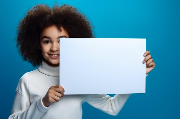 Piccola ragazza felice con in mano uno striscione vuoto