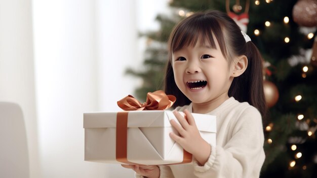 Piccola ragazza felice e sorridente con una scatola di regali di Natale