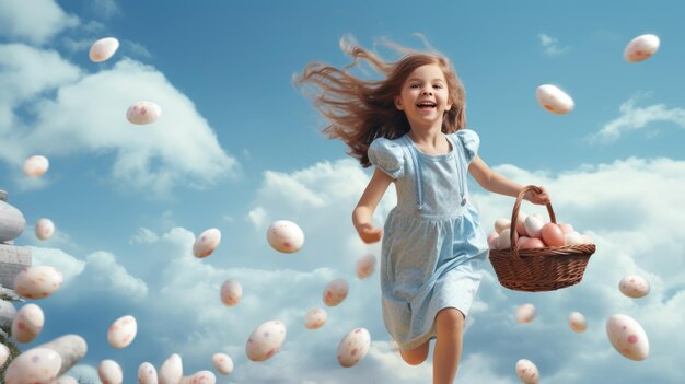 Piccola ragazza felice in un vestito blu che corre con un cesto pieno di uova di Pasqua in una giornata di sole con blu