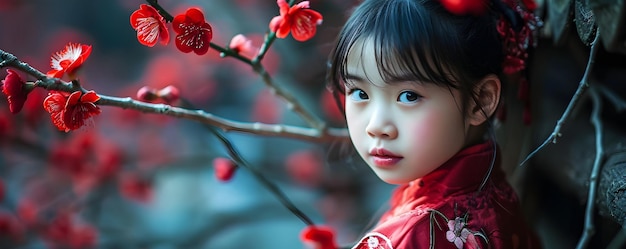 Piccola ragazza in abito kimono che guarda un fiore di sakura o un fiore di ciliegio che fiorisce nel giardino