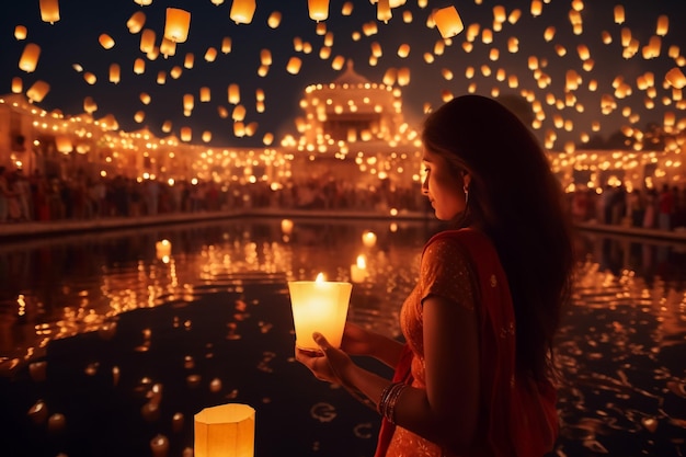 Piccola ragazza indiana con delle lampade a olio per la celebrazione di Diwali