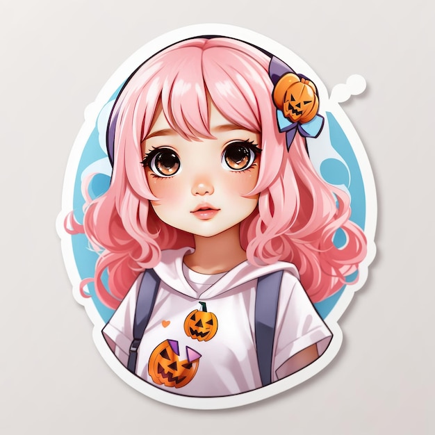 piccola ragazza kawaii carina maglietta halloween disegno illustrazione adesivo sfondo bianco capelli rosa