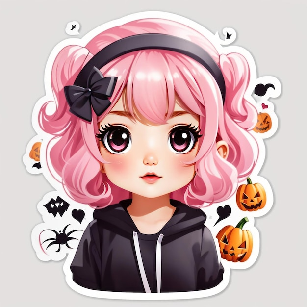 piccola ragazza kawaii carina maglietta halloween disegno illustrazione adesivo sfondo bianco capelli rosa