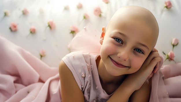 Piccola ragazza malata di cancro che sorride su uno sfondo sfocato creato con la tecnologia Generative AI