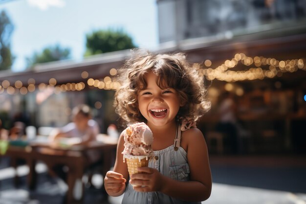 Piccola ragazza sorridente che mangia un gelato