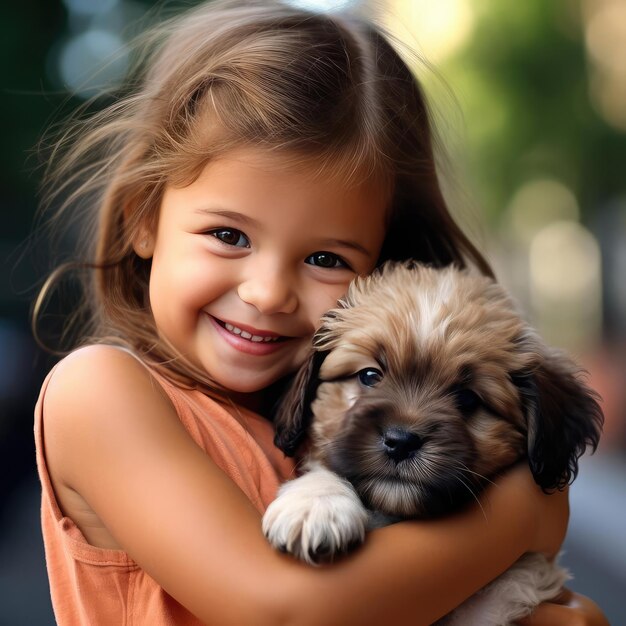 Piccola ragazza sorridente che tiene un cucciolo