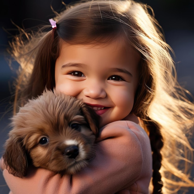 Piccola ragazza sorridente che tiene un cucciolo