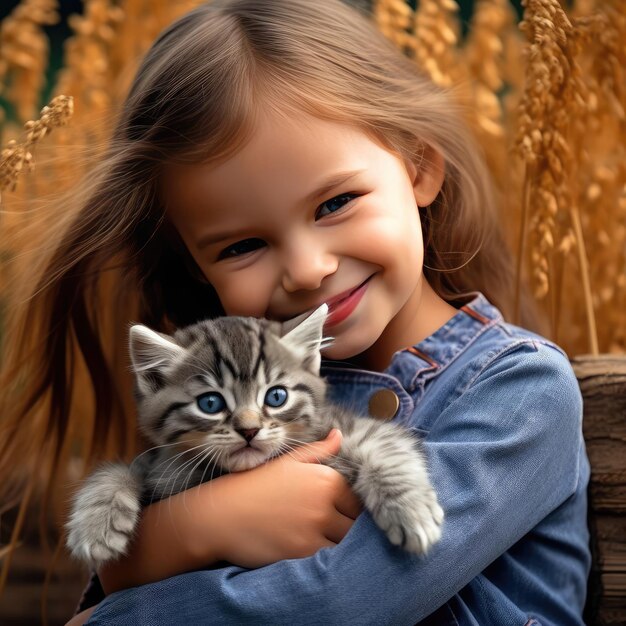 Piccola ragazza sorridente che tiene un gattino