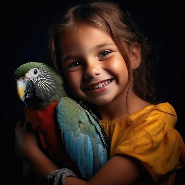 Piccola ragazza sorridente che tiene un pappagallo