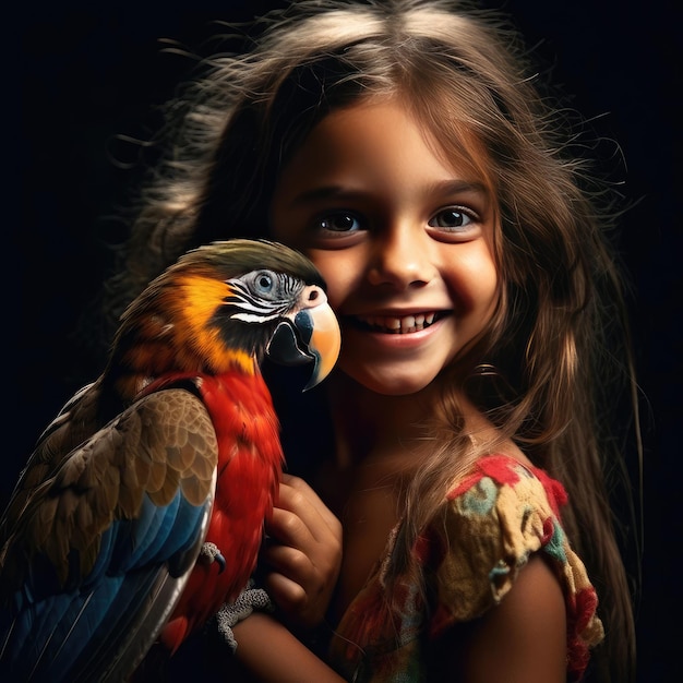Piccola ragazza sorridente che tiene un pappagallo