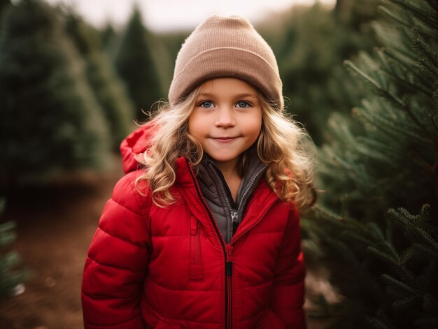 Piccola ragazza sorridente con una giacca rossa e un cappello beige che cammina attraverso una fattoria di alberi di Natale