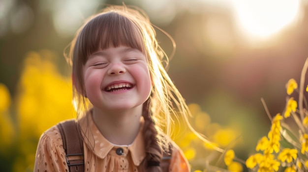 Piccola ritratto della ragazza con sindrome di Down che ride la vita gioiosa