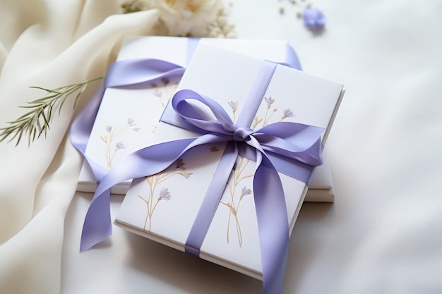 Piccola scatola regalo con nastro viola e fiori AI generativa