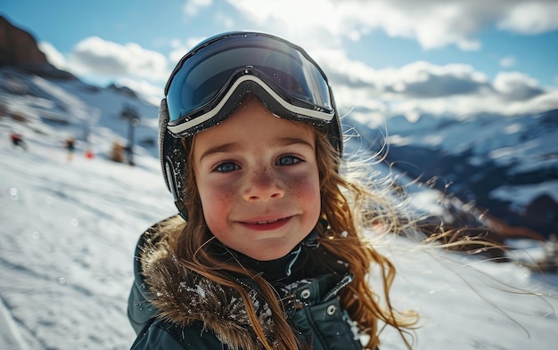 piccola sciatrice con occhiali da sci e casco da sci sulla montagna innevata