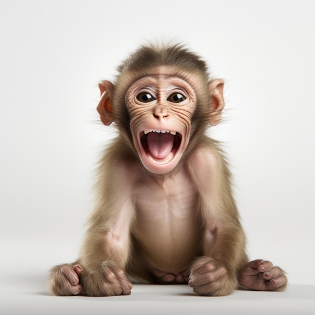 Piccola scimmia che ride da sola su sfondo bianco