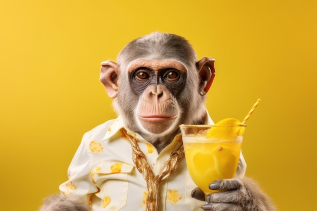Piccola scimmia che tiene in mano un bicchiere di bevande su uno sfondo giallo