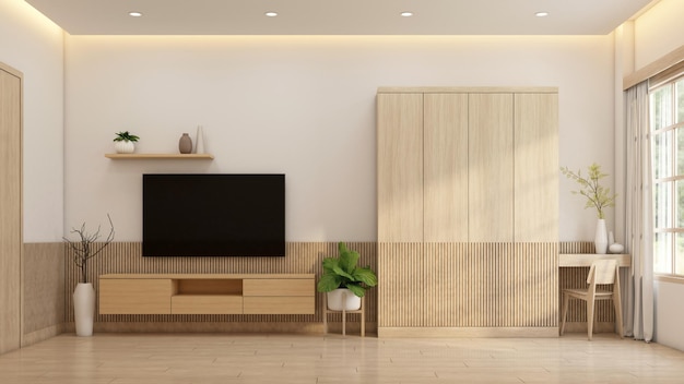 Piccola stanza in stile minimalista decorata con armadio in legno e mobile tv rendering 3d