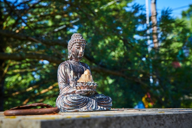 Piccola statua buddista in cima alla colonna di cemento nella foresta